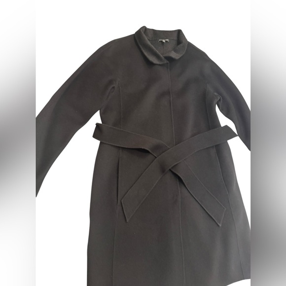Eileen Fisher Wool Long Black Snap Button Tie Coat Jacket Size Medium Pockets - Picture 7 of 15